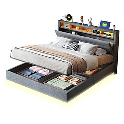 Lit Coffre 140x200 cm Modenvie avec LED et USB en lin gris pas cher