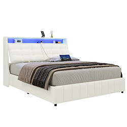 Lit Double Modenvie 160x200 cm avec rangement et LED blanc pas cher