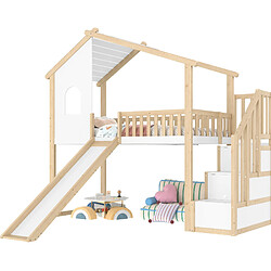 Lit Enfant Mezzanine Modenvie 90x200 cm avec rangement et toboggan blanc pas cher