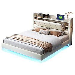Lit Double 140x200 cm Modenvie avec rangement et USB - Beige pas cher