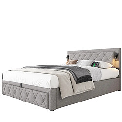 Lit Coffre 160x200 cm Modenvie LED USB - Lin Gris pas cher