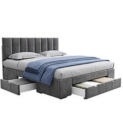Lit Double Modenvie 160x200 cm - rangement 4 tiroirs - Velours - Gris pas cher