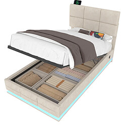 Lit Coffre 90x200 cm Modenvie avec rangement hydraulique et LED Beige pas cher