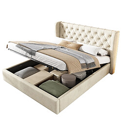 Lit Coffre 160x200 cm Modenvie rangement hydraulique velours beige pas cher