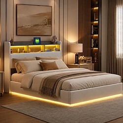 Acheter MEXUS Lit Coffre 160x200 cm, avec LED, Tête de Lit avec Rangement, Prises USB, Velours, Beige