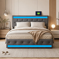 Avis MEXUS Lit Double 180x200cm, avec 4 tiroirs, LED et Port USB, pour Adultes, Adolescents, Lin, Gris