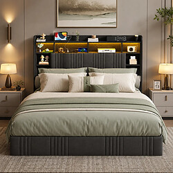 Avis MEXUS Lit Coffre Adulte 160x200 cm, avec LED et USB, Tete de Lit, Lin, sans Matelas, Gris