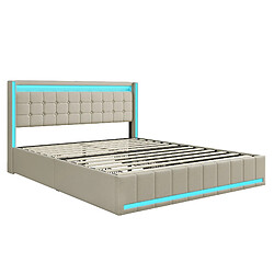 MEXUS Lit Double 160x200 cm, avec sommier à Lattes et 4 tiroirs, LED et USB, pour Ado, Lin, Beige pas cher