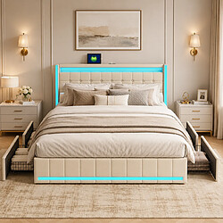 Avis MEXUS Lit Double 160x200 cm, avec sommier à Lattes et 4 tiroirs, LED et USB, pour Ado, Lin, Beige