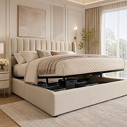 Acheter MEXUS Lit Coffre 160x200 cm, Stockage hydraulique et sommier à Lattes, pour Adulte, Beige, Lin