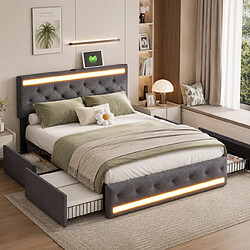 Acheter MEXUS Lit Double 180x200cm, avec 4 tiroirs, LED et Port USB, pour Adultes, Adolescents, Lin, Gris