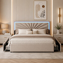 Avis MEXUS Lit Double 160x200 cm avec LED, 4 Tiroirs et Tête de lit réglable en Hauteur, Beige