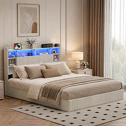 Acheter MEXUS Lit Coffre Adulte 160x200 cm, avec LED et USB, Tete de Lit, Lin, sans Matelas, Beige