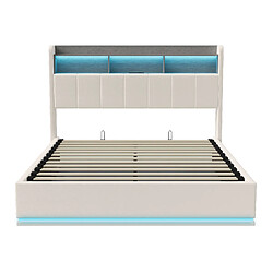 MEXUS Lit Coffre 160x200 cm, avec LED, Tête de Lit avec Rangement, Prises USB, Velours, Beige pas cher