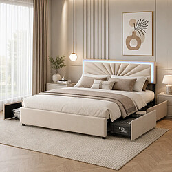 Acheter MEXUS Lit Double 160x200 cm avec LED, 4 Tiroirs et Tête de lit réglable en Hauteur, Beige