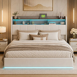 Avis MEXUS Lit Coffre 160x200 cm, avec LED, Tête de Lit avec Rangement, Prises USB, Velours, Beige