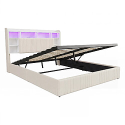 MEXUS Lit Coffre Adulte 160x200 cm, avec LED et USB, Tete de Lit, Lin, sans Matelas, Beige pas cher