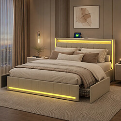 Acheter MEXUS Lit Double 160x200 cm, avec sommier à Lattes et 4 tiroirs, LED et USB, pour Ado, Lin, Beige