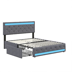 MEXUS Lit Double 180x200cm, avec 4 tiroirs, LED et Port USB, pour Adultes, Adolescents, Lin, Gris pas cher