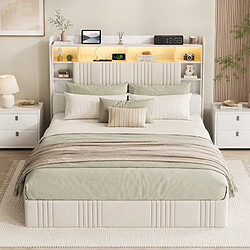 Avis MEXUS Lit Coffre Adulte 160x200 cm, avec LED et USB, Tete de Lit, Lin, sans Matelas, Beige