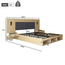 MIVRAY Lit adulte double 160x200 cm avec 2 tiroirs, lampes de lecture, USB, MDF, Chêne clair pas cher