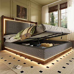 Avis MIVRAY Lit coffre adulte 180x200 cm lit double avec LED et rangement, Lin, Gris
