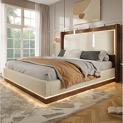 Avis MIVRAY Lit coffre adulte 160x200 cm lit double avec LED et rangement, Lin, Beige