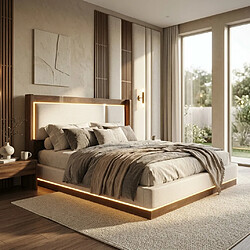 Avis MIVRAY Lit coffre adulte 180x200 cm lit double avec LED et rangement, Lin, Beige