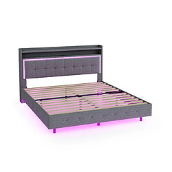 Lit Double Modenvie 160x200 cm avec USB, LED et rangement - Gris pas cher