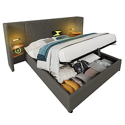 Lit Coffre 160x200 cm - Modenvie - rangement hydraulique avec LED et USB - Lin - Gris pas cher
