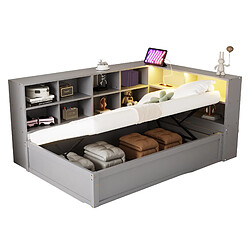 Acheter modfu Lit coffre 90x200 cm - Avec tête de lit avec LED - En bois - Gris - Sans matelas