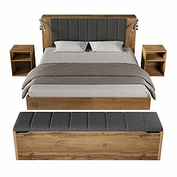 Lit Double 160x200 cm Modenvie avec USB et rangement - Chêne sans matelas pas cher