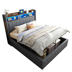 Lit Coffre 140x200 cm Modenvie avec LED et USB en tissu effet lin gris pas cher