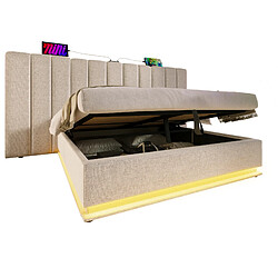 Lit Coffre 180x200 cm Modenvie avec LED et USB-C en lin beige pas cher