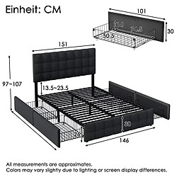 Avis Lit Double Modenvie 140x200 cm avec 4 tiroirs et tête de lit réglable noir