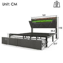 Avis Lit Double 160x200 cm Modenvie avec rangement LED USB en tissu gris