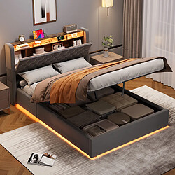 Lit Coffre 140x190 cm Modenvie avec étagère et USB en velours Holland gris pas cher