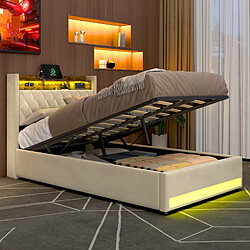 Lit Coffre Modenvie 140x190 cm avec USB et LED en velours beige pas cher