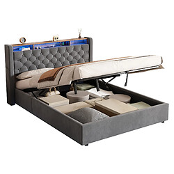 Acheter Lit Coffre Modenvie 140x200 cm avec LED et étagère tête de lit gris