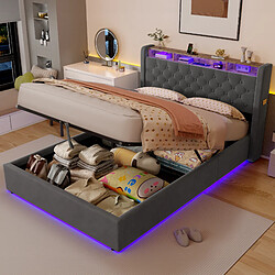 Lit Coffre Modenvie 140x200 cm avec LED et étagère tête de lit gris pas cher