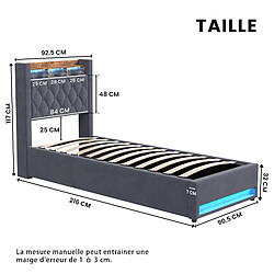 Avis Lit Coffre Modenvie 90x200 cm avec LED et USB - velours gris