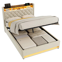 Acheter Lit Coffre Modenvie 140x190 cm avec USB et LED en velours beige