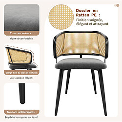 STILVORA Chaise de salle à manger 47/51/79 cm grise en velours et fer avec dossier en rotin pas cher