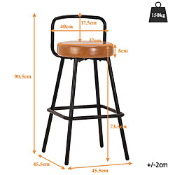 STILVORA Lot de 4 tabourets de bar 37/37/90,5 cm marron en métal et PU avec dossier pas cher