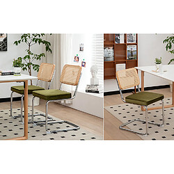 STILVORA Lot de 4 chaises de salle à manger vertes en velours et rotin avec piètement chromé pas cher
