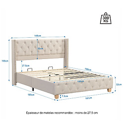 Avis Lit Double capitonné Modenvie 140x190 cm en lin beige avec rivets