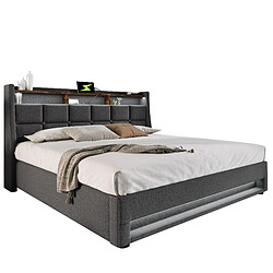 Lit Coffre 160x200 cm Modenvie avec LED et USB en tissu gris sans matelas pas cher