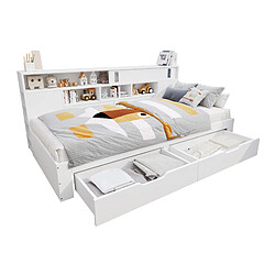 Lit banquette Modenvie 140x200 cm avec tiroirs et étagères réglables blanc pas cher