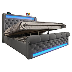 Lit Coffre Modenvie 140x200 cm avec LED et USB en velours gris pas cher