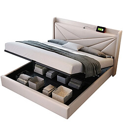Lit Coffre 140x200 cm - Modenvie - USB-C et rangement - tissu coton lin - Beige pas cher